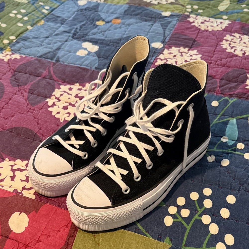 Converse- Classic Black High-Top Canvas Sneakers with White Trim - Picture 2 of 4